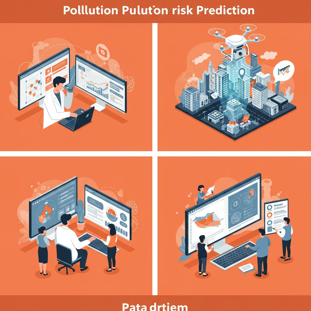 데이터 분석과 도시 환경 모니터링을 통해 오염 위험을 예측하는 시스템을 시각화한 일러스트로, 루믹스의 AI 기반 환경 데이터 예측 기술을 보여주는 이미지.