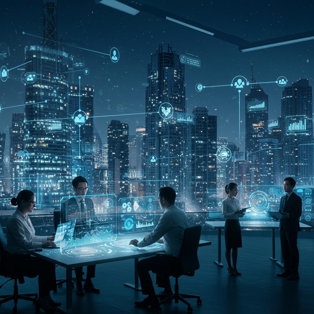 도시의 불빛 아래 투명한 데이터 창이 펼쳐지며 루믹스의 솔루션이 네트워크 협업을 구현하는 순간