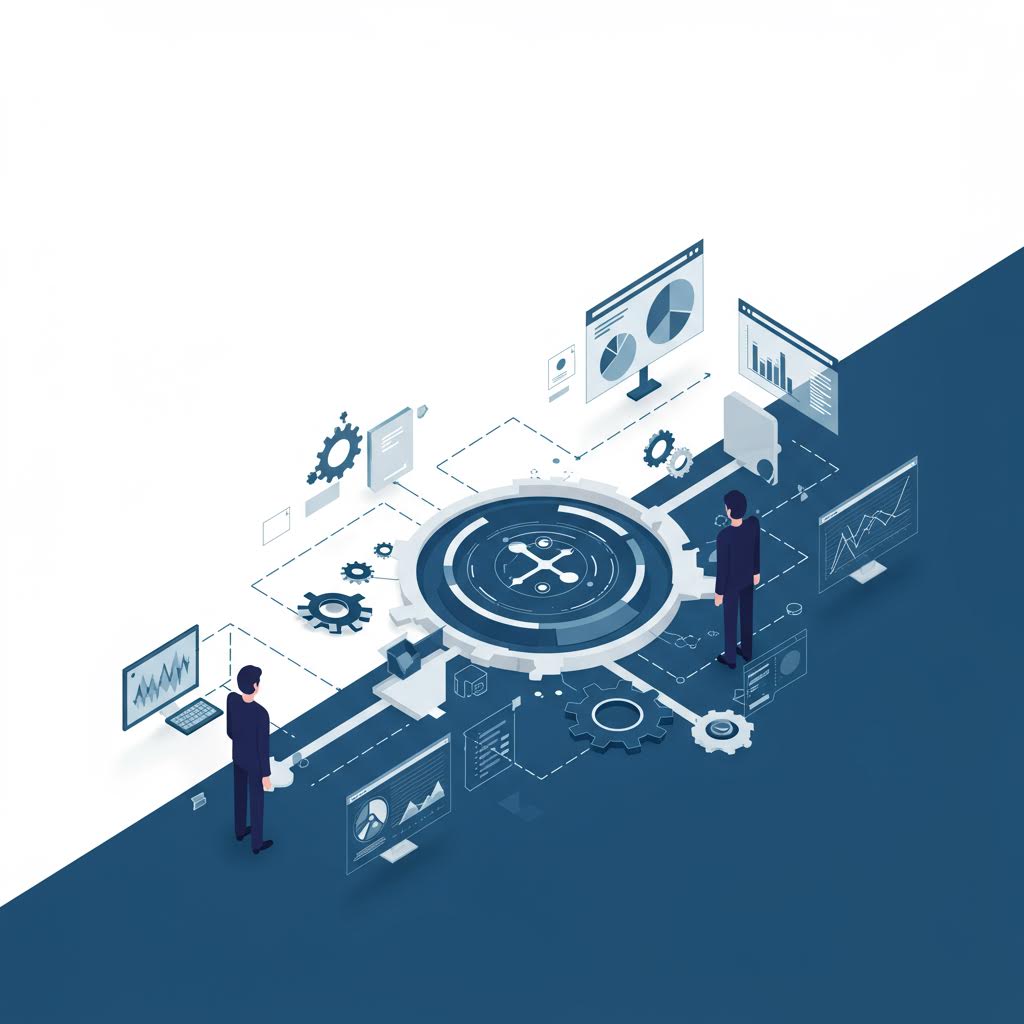 디지털 네트워크와 데이터 분석 시스템을 시각화한 일러스트로, 루믹스의 자동화된 비즈니스 운영 플랫폼과 데이터 처리 기술을 상징적으로 보여주는 이미지.