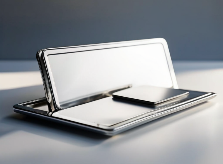 Brushed metal surface with blank divider cards and compact storage tray in morning light, shallow depth of field.