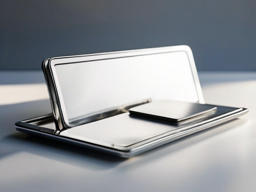 Brushed metal surface with blank divider cards and compact storage tray in morning light, shallow depth of field.