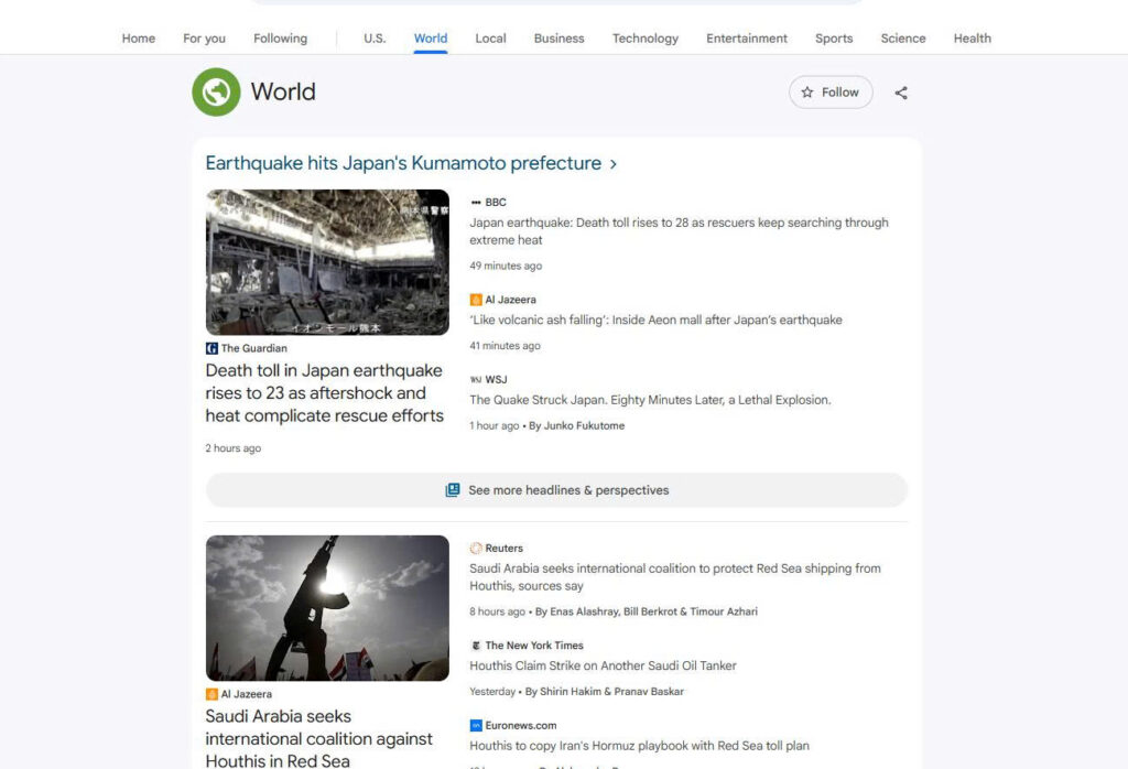 Technology, business, and local news sections frame the same event from different perspectives.