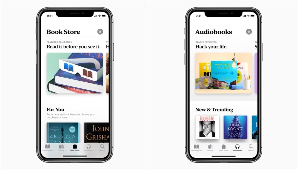Apple Books app displaying the Book Store and Audiobooks sections on iPhones.