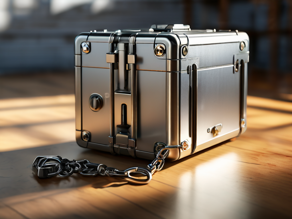 Storage case with metal chain and small blocks on brushed metal surface, representing connected file locations and organization.