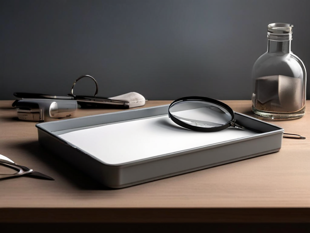 A blank index card storage tray with a magnifying glass on a gray studio surface, soft side lighting, clean shadows.