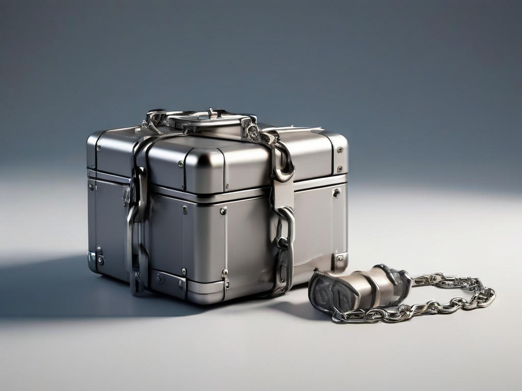 Sealed gray storage case with short metal chain and small block pieces on matte studio surface, soft side light.