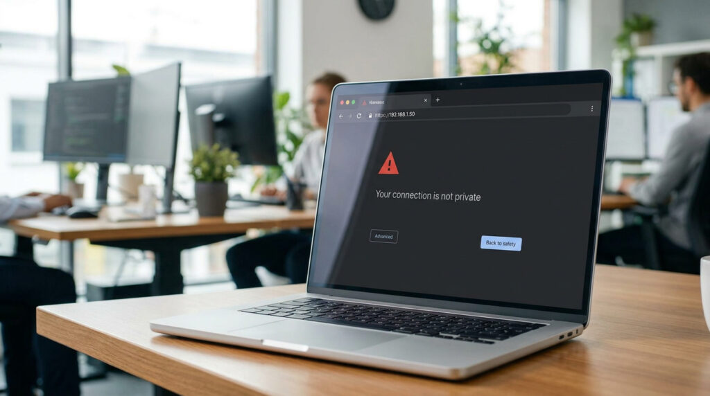 Laptop showing a “Your connection is not private” browser warning, indicating a possible certificate or website security problem.
