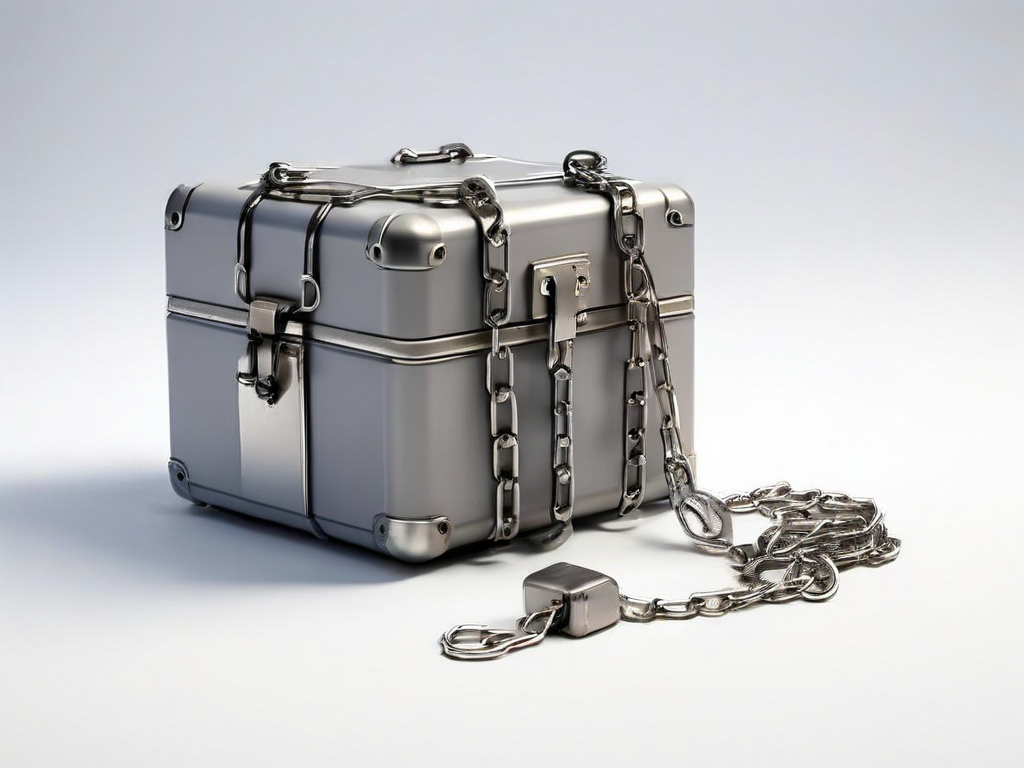 Metal case with chain and blocks on gray surface, side-lit photo.