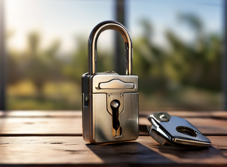 Metal lock, key case, and blank security card on brushed metal surface in morning light.