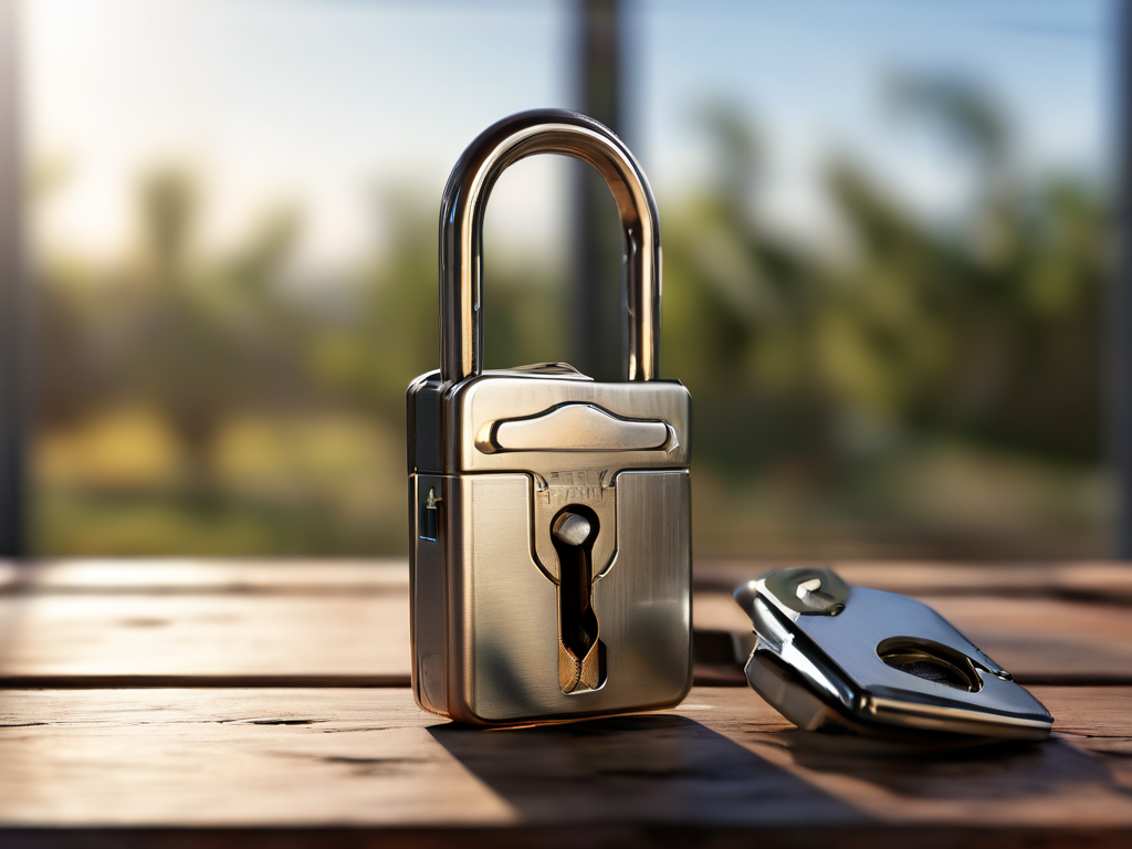 Metal lock, key case, and blank security card on brushed metal surface in morning light.