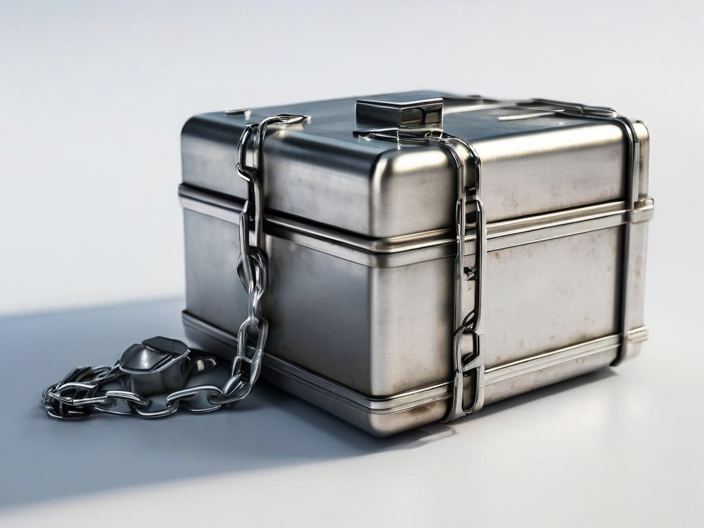 A sealed metal case and chain with scattered location blocks on a brushed surface, representing file license organization.