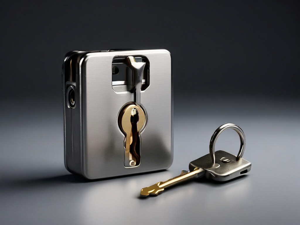 Metal lock and key card on gray surface for SSL renewal preparation.
