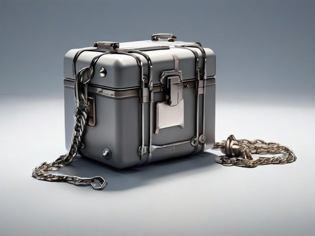 A sealed metal case with a short chain and small blocks representing file locations on a gray studio surface.