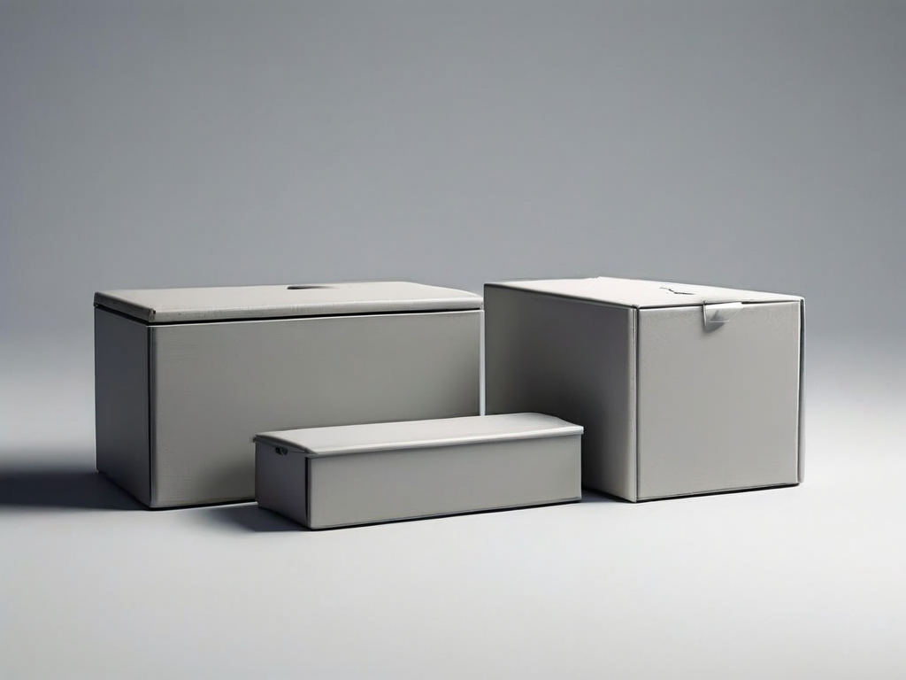 Small archive boxes and blank compartment inserts on a gray studio surface, symbolizing organized information grouping.