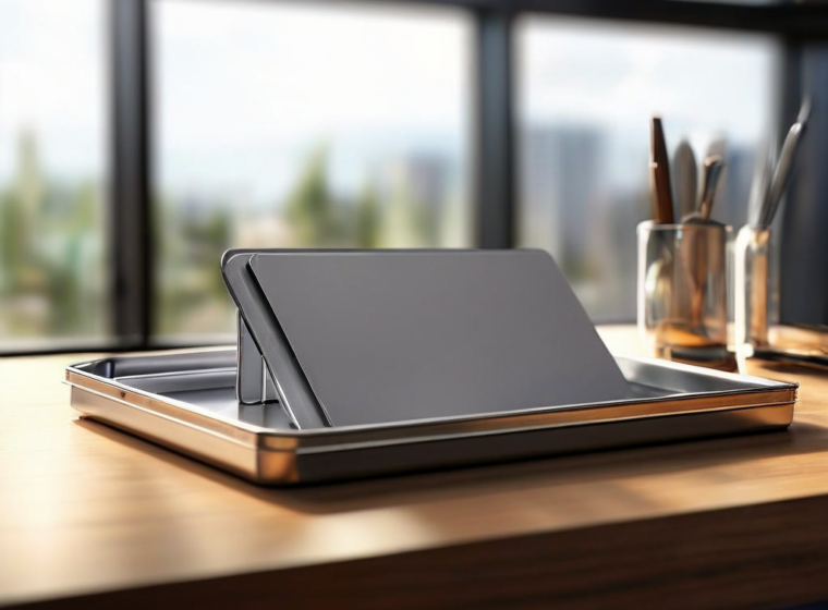 A brushed metal surface holds blank divider cards and a compact storage tray, symbolizing organized saved references in angled...