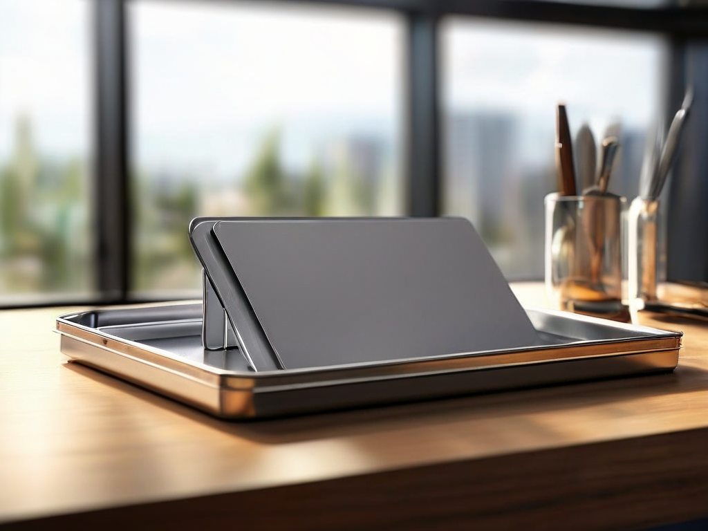 A brushed metal surface holds blank divider cards and a compact storage tray, symbolizing organized saved references in angled.