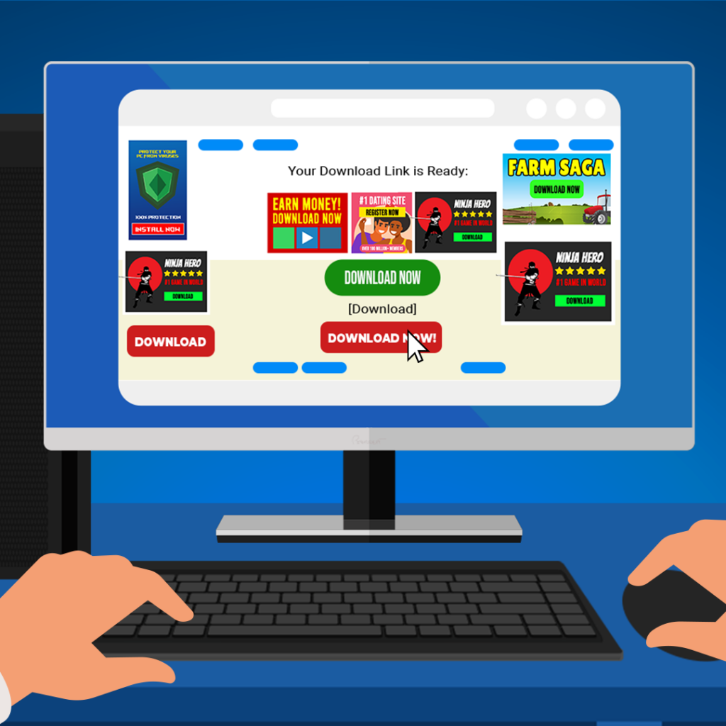 Fake download buttons on a website illustrating the risk of malicious or unwanted file downloads.
