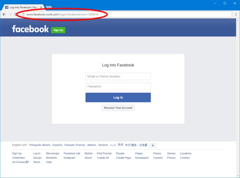 Fake Facebook login page showing email and password fields on a phishing website.