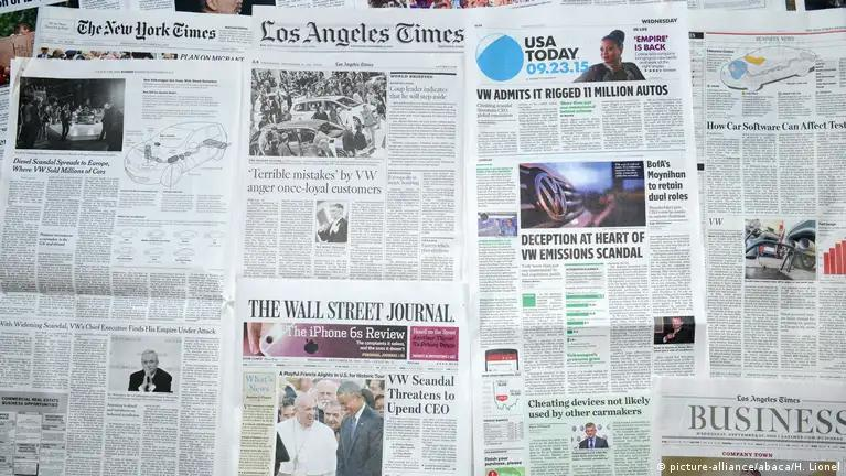 A collage of major U.S. newspapers, including The New York Times, Los Angeles Times, USA Today, and The Wall Street Journal, featuring news headlines and articles.