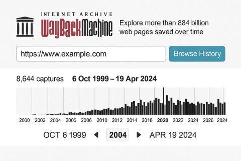 Wayback Machine showing archived versions of an old news website across different dates.